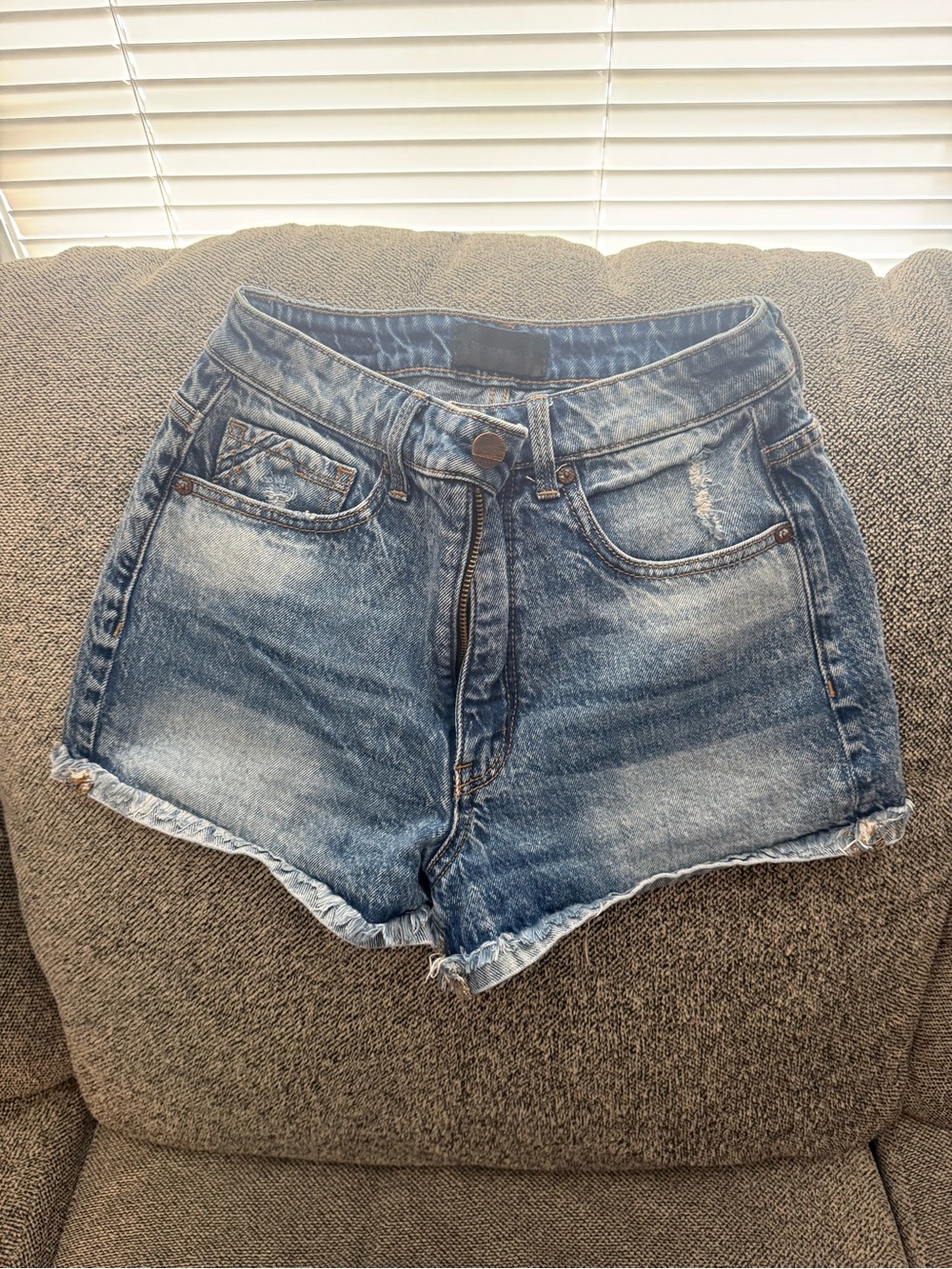 Buckle Blue Washed Denim Shorts with Frayed Hem